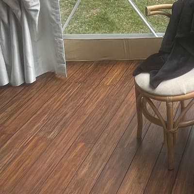 Pine wood boards laid as flooring inside a Luna dome