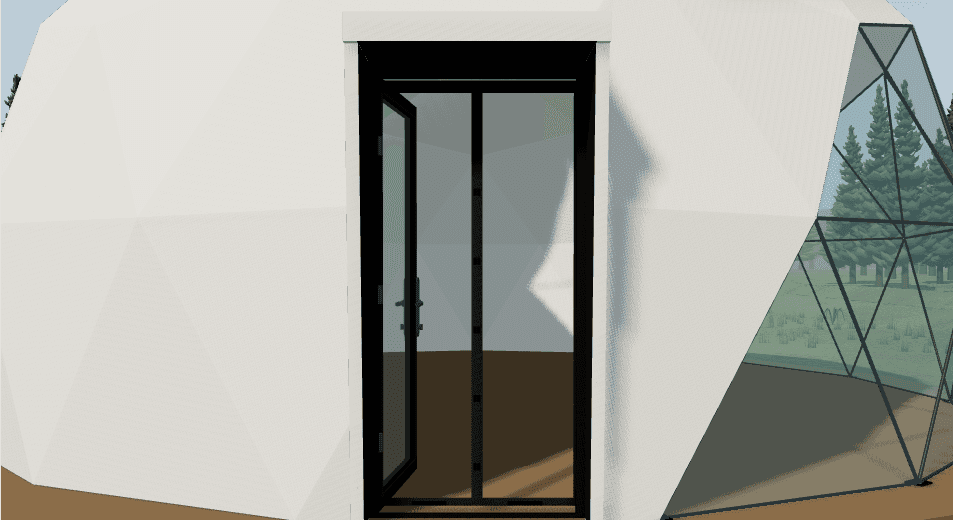 Luna configurator render of a magnetic screen fitted behind an open glass entry door