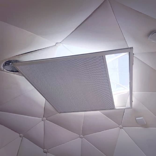 Pleated motorized skylight blind fitted above a dome interior