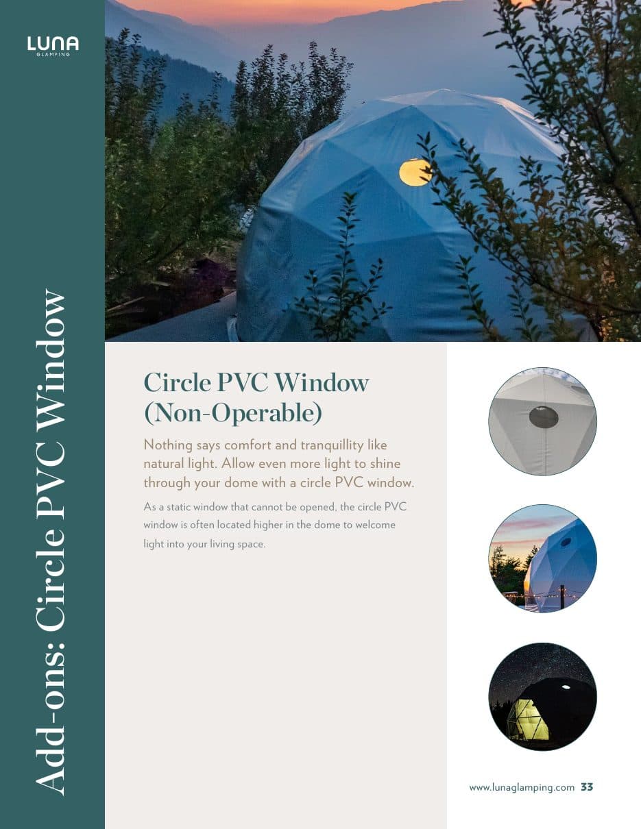 Circular window glowing in a Luna dome beside trees
