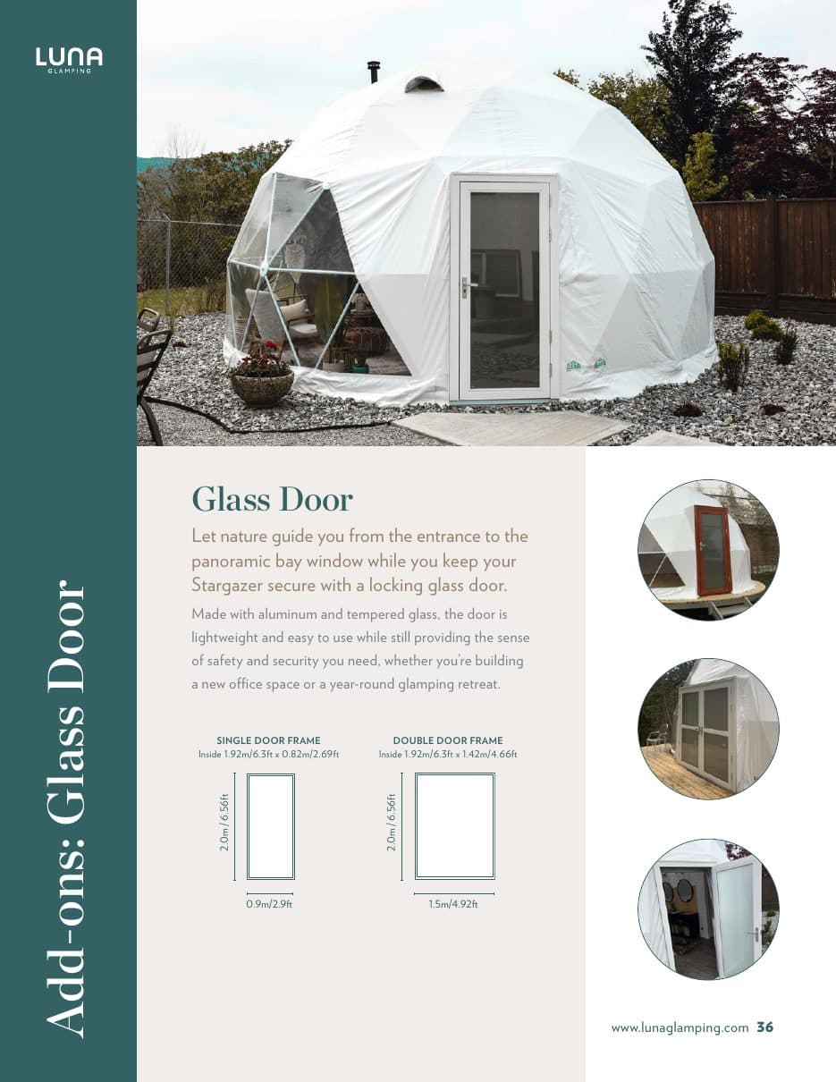 White glazed entry door installed in the exterior of a Luna dome