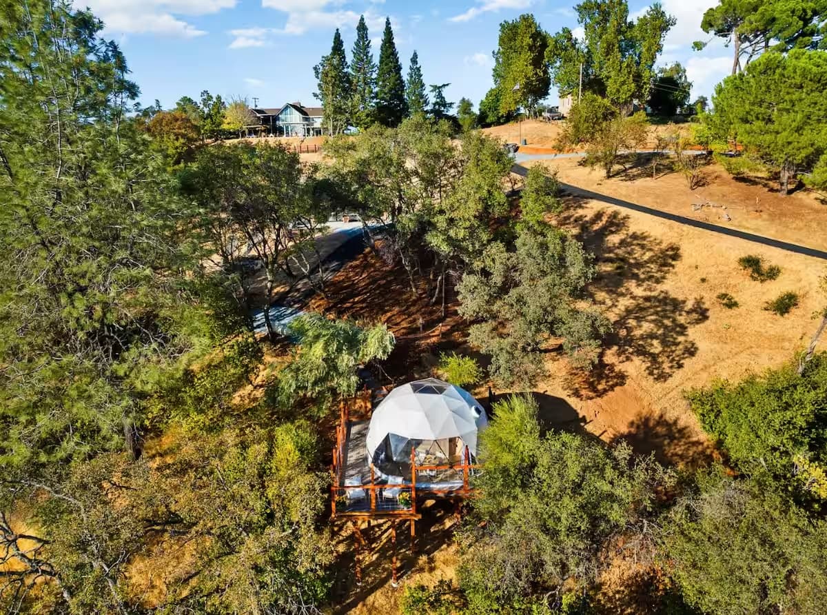 Aerial view of a Luna dome site in wooded hills