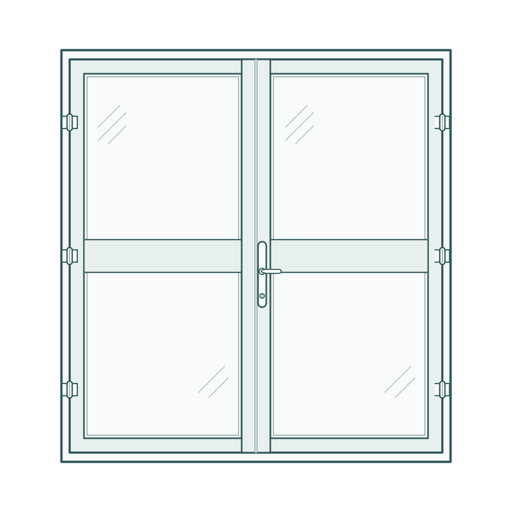Double glass entrance door with two glazed opening leaves
