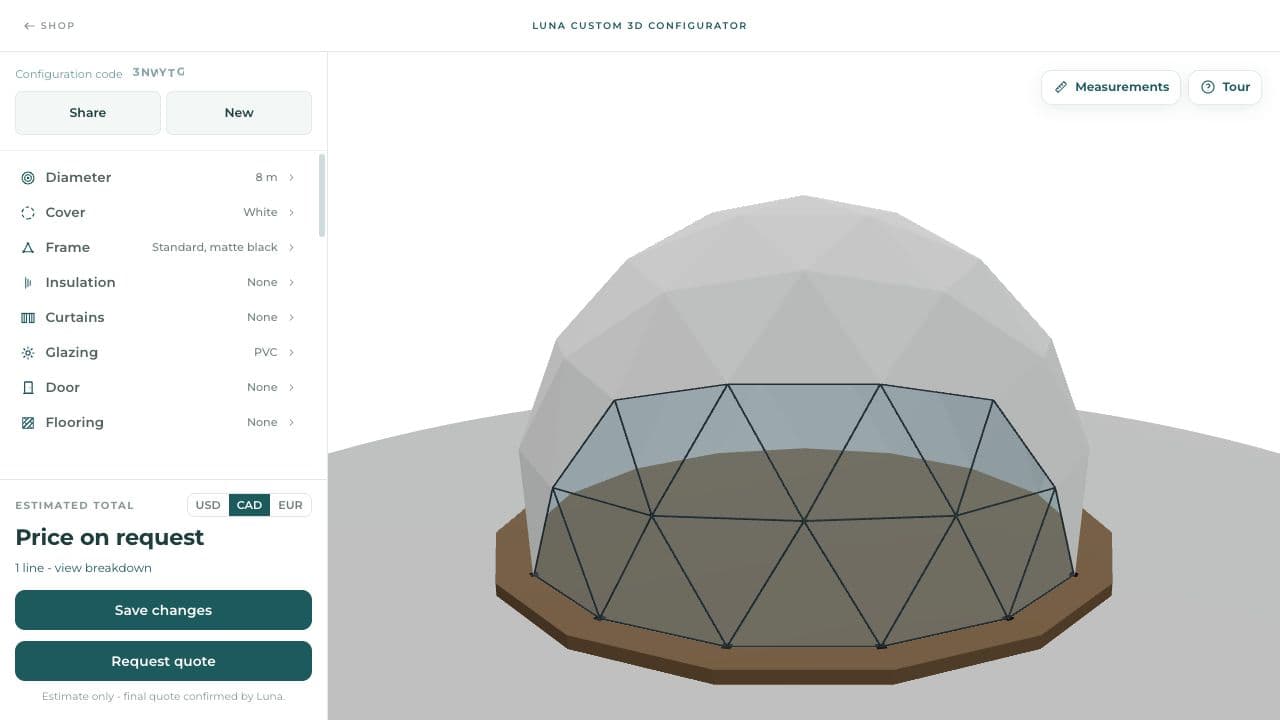 Current Luna interactive 3D dome configurator